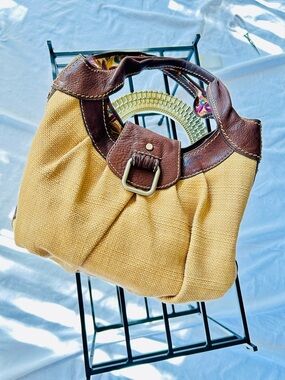 Fossil Tan Canvas Hobo with Brown Leather Trim